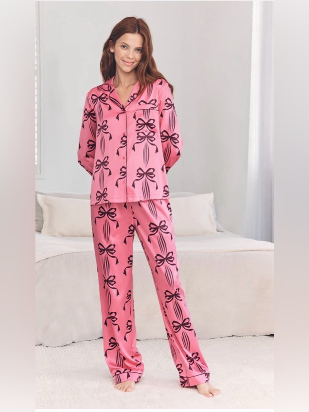 Chelsea Peers Pink Bow Satin Pajama Set Size Large